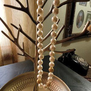 Glass Pearl Necklace with Gold Bead Crystal Accents with Matching Stud Earrings